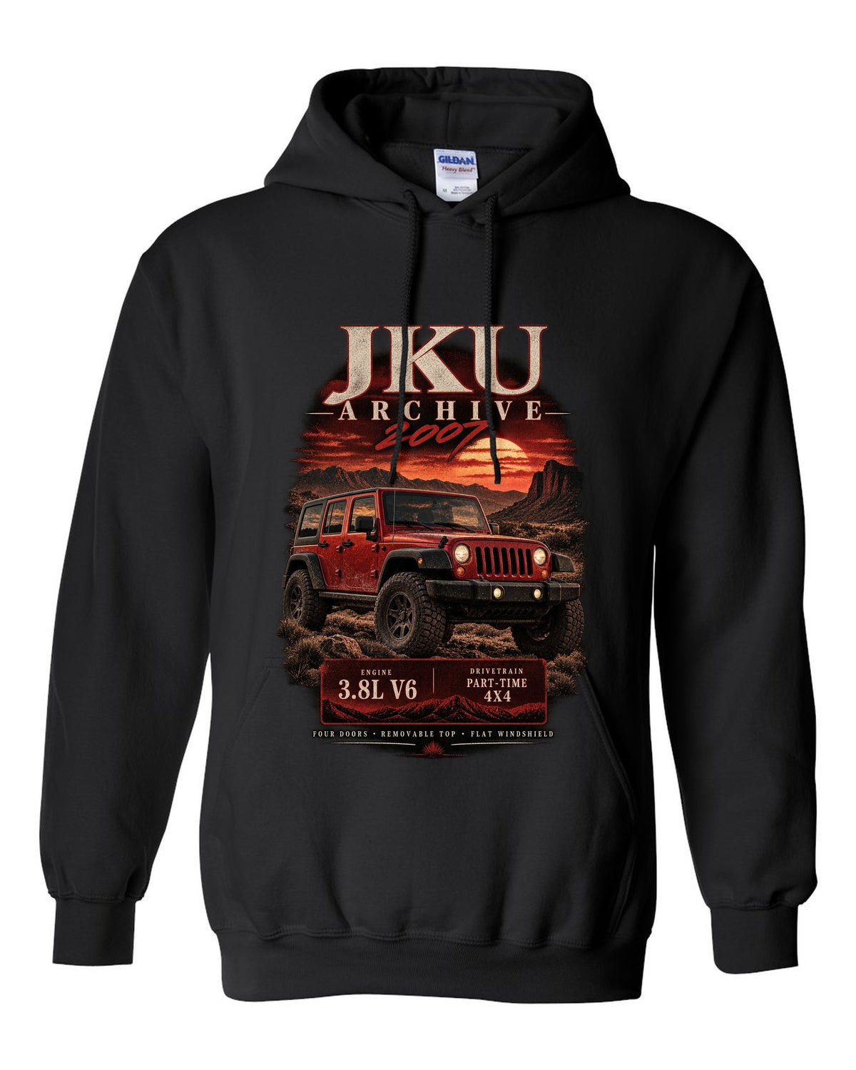 Archive panel print for the 2007 Jeep Wrangler JKU, 3.8L V6 four-door black pull over hoodie front view with the design