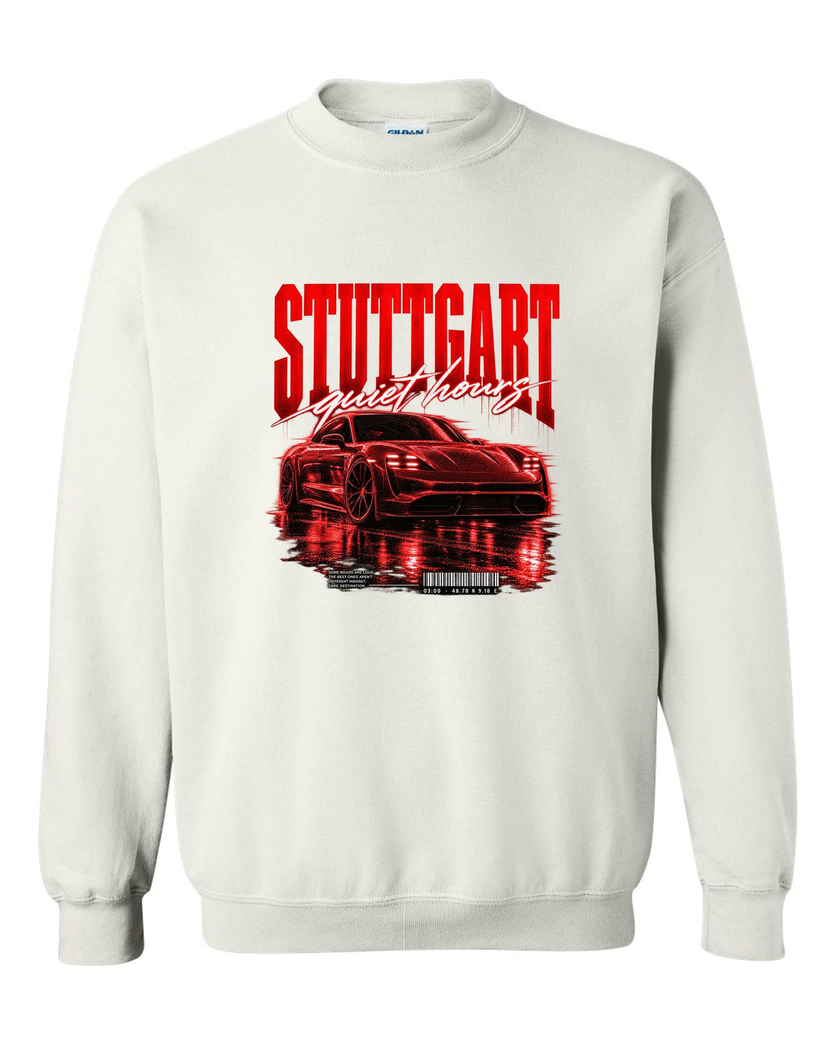 Low widebody Porsche Taycan Turbo S 9J1 street poster with Stuttgart coordinates white crewneck front view with the design