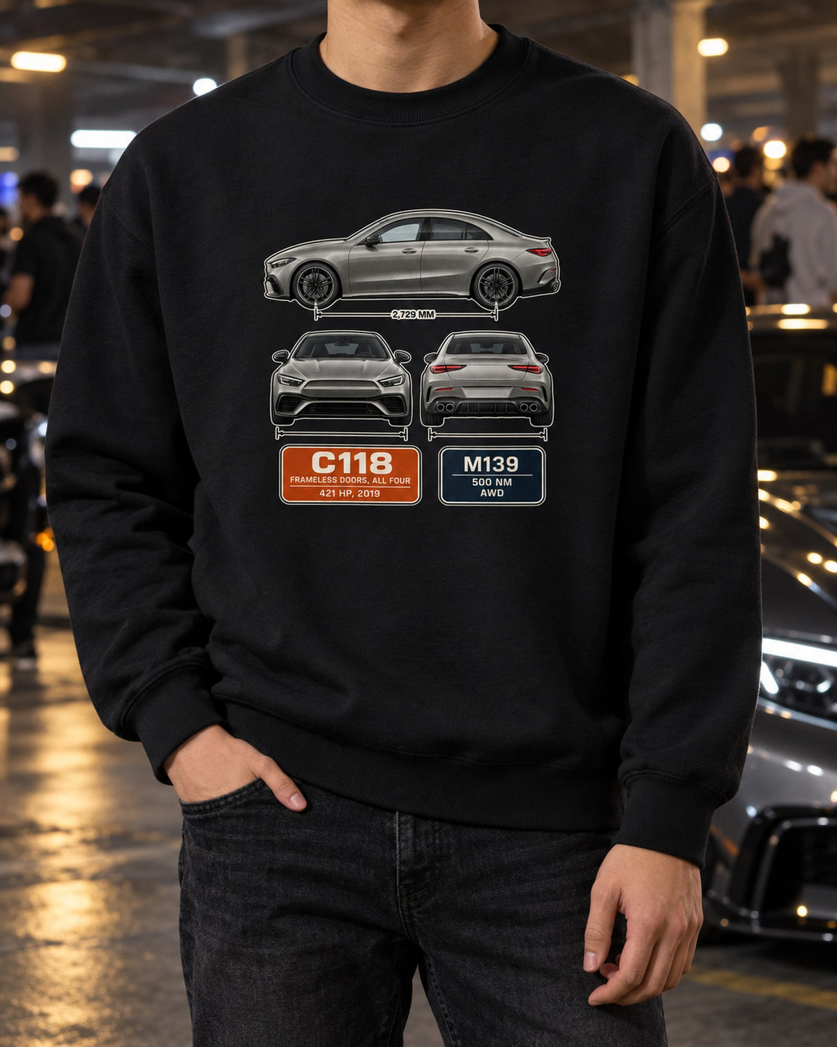 Mercedes-AMG CLA 45 S C118 Three-View Spec Poster Tee Crewneck Black worn hero