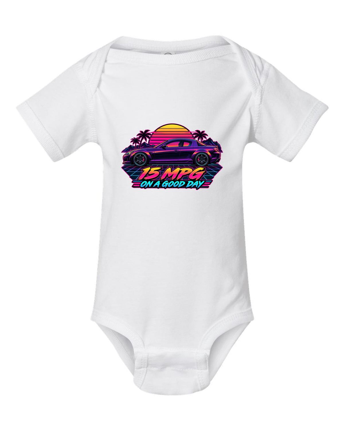 Sticker-bomb collage design for the Mazda RX-8 SE3P with CHECK OIL EVERY FILL-UP lettering white baby onesie front view with the design