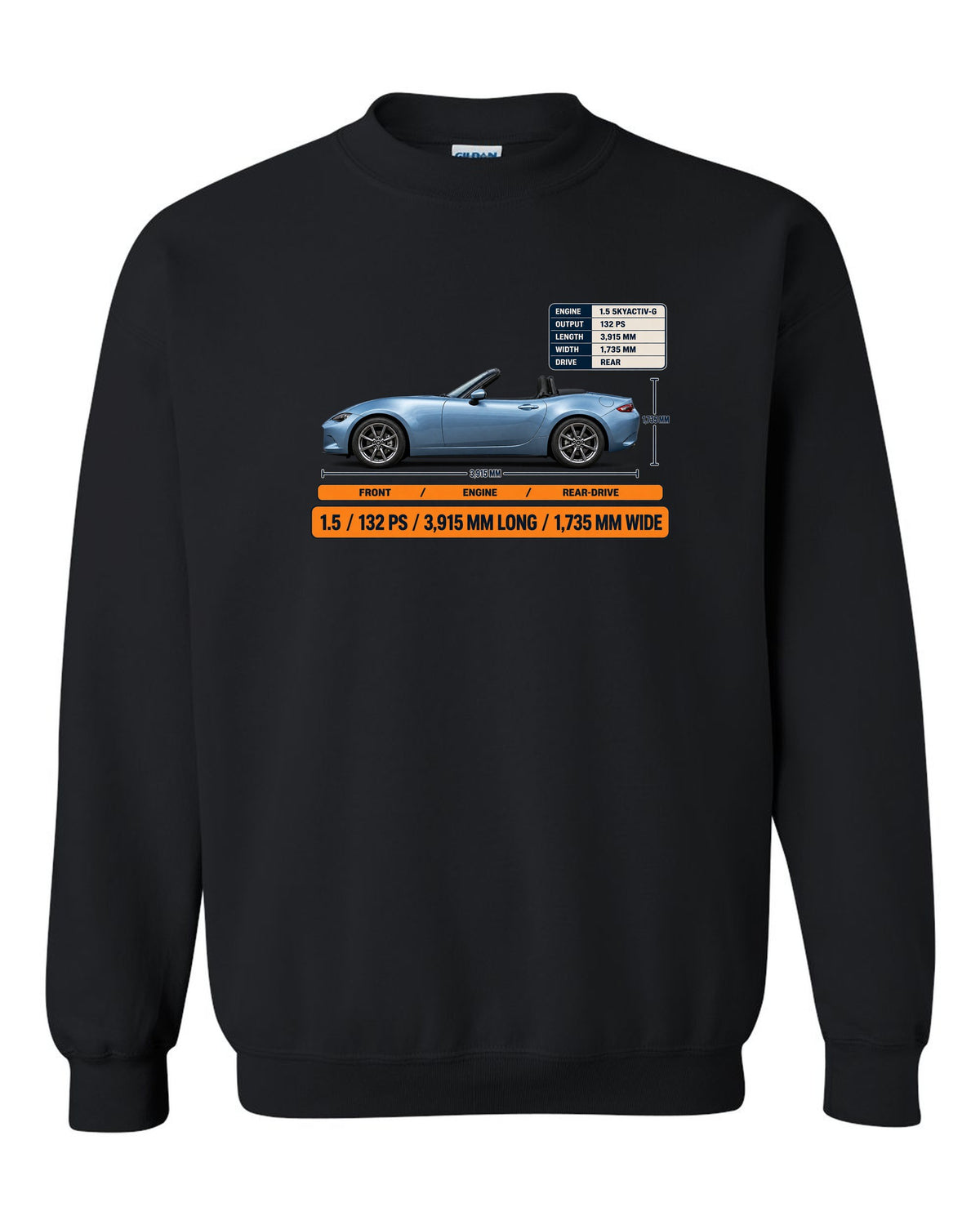 Mazda MX-5 ND 1.5 SKYACTIV-G spec poster print showing power and dimensions black crewneck front view with the design