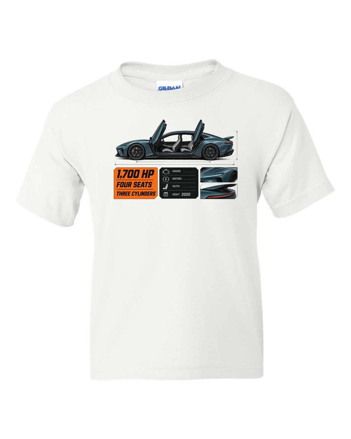 Spec poster of the Koenigsegg Gemera four-seat hypercar, print white kids tee front view with the design