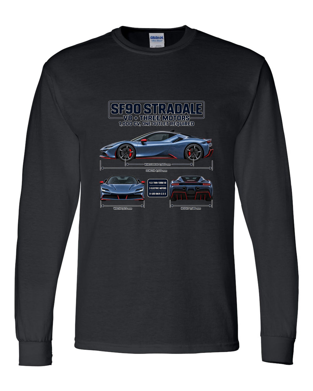 Ferrari SF90 Stradale three-view spec sheet print with V8 plus three motors, 1,000 CV black long sleeve front view with the design