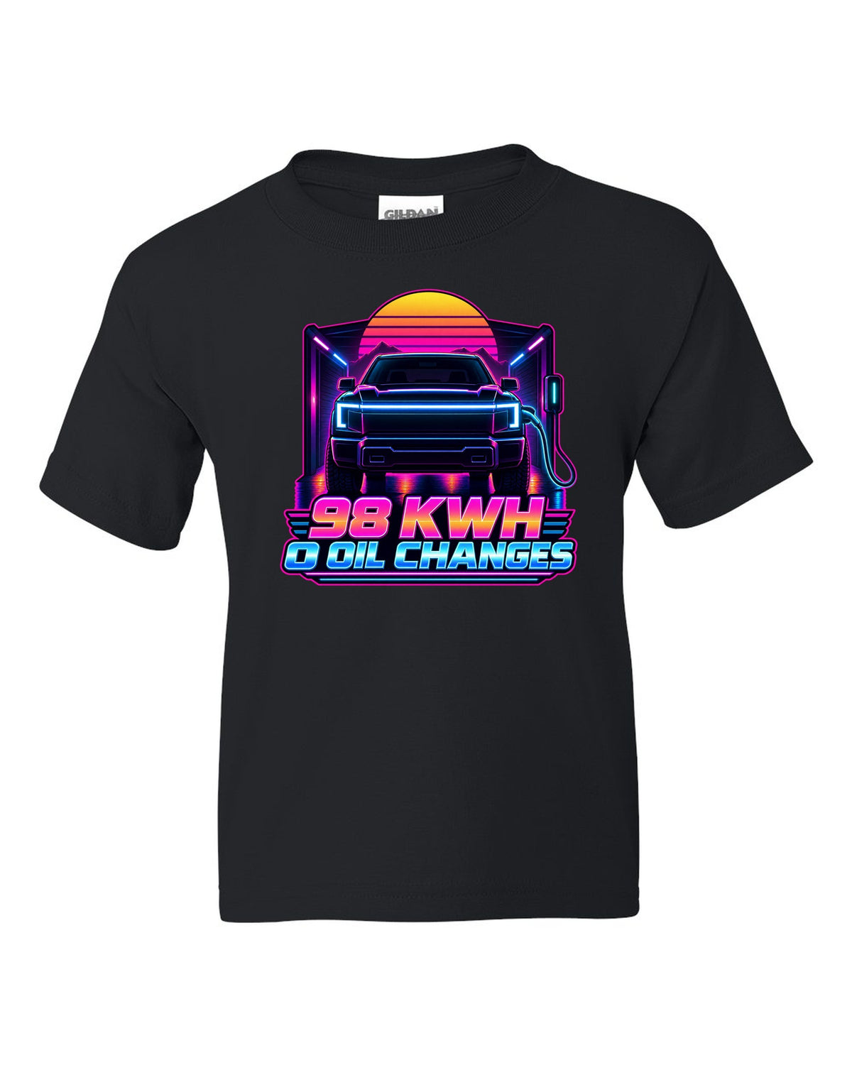 Ford F-150 Lightning EV with lightbar in a neon synthwave outline print black kids tee front view with the design