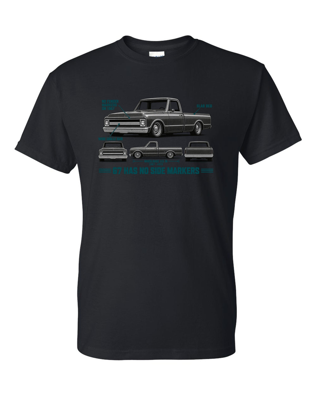Chevrolet C10 Fleetside 1967-72 Spec Strip black t-shirt front view with the design