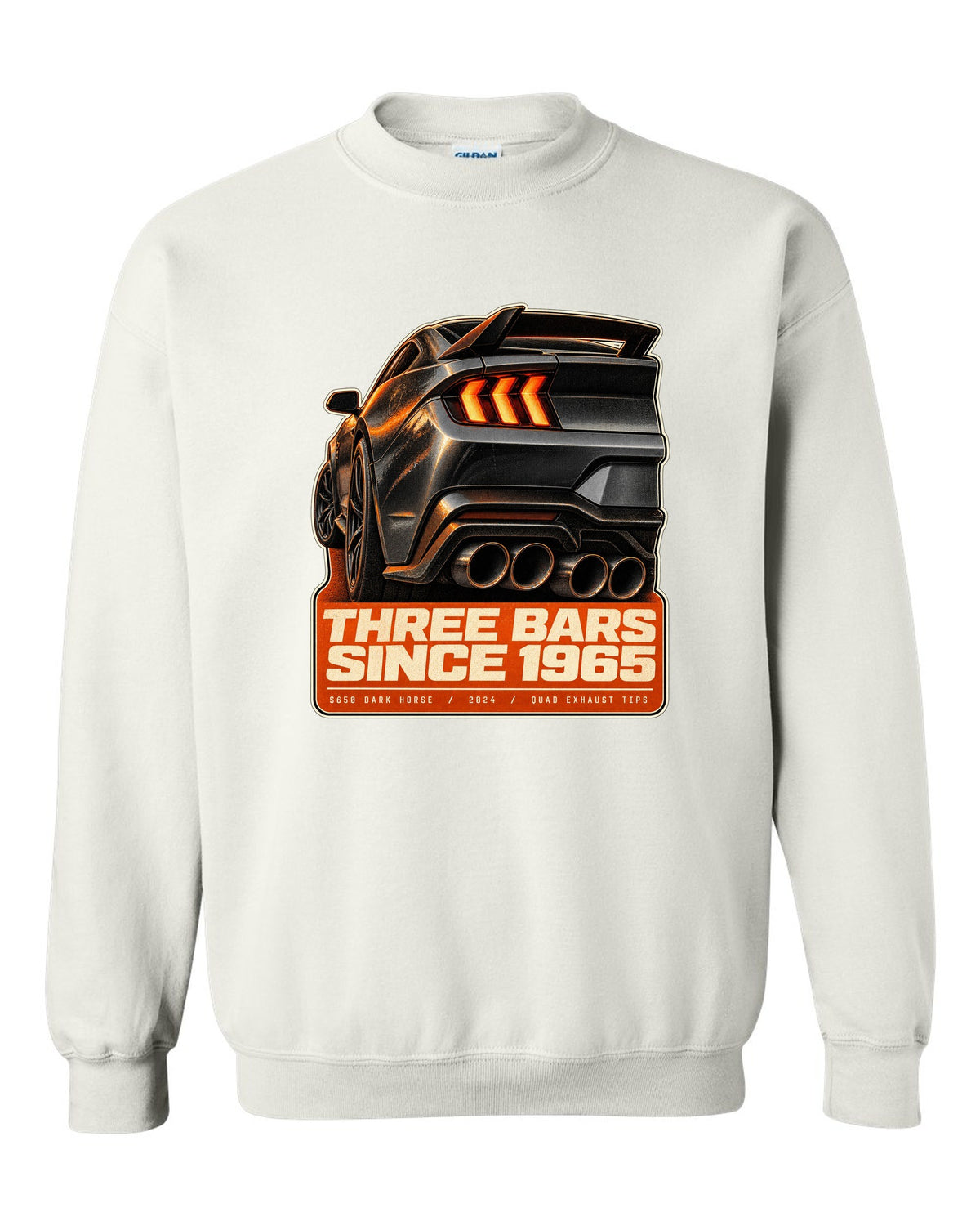 Ford Mustang S650 Dark Horse taillight macro print with quad exhaust tip text white crewneck front view with the design