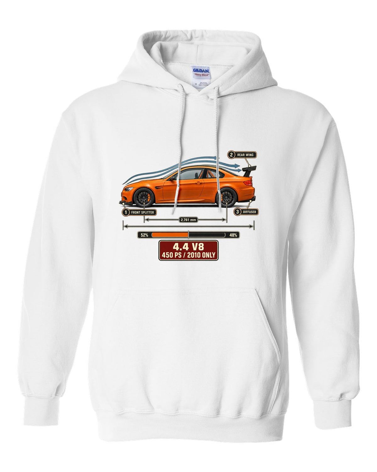 BMW M3 E92 GTS coupe aero callouts print white pull over hoodie front view with the design