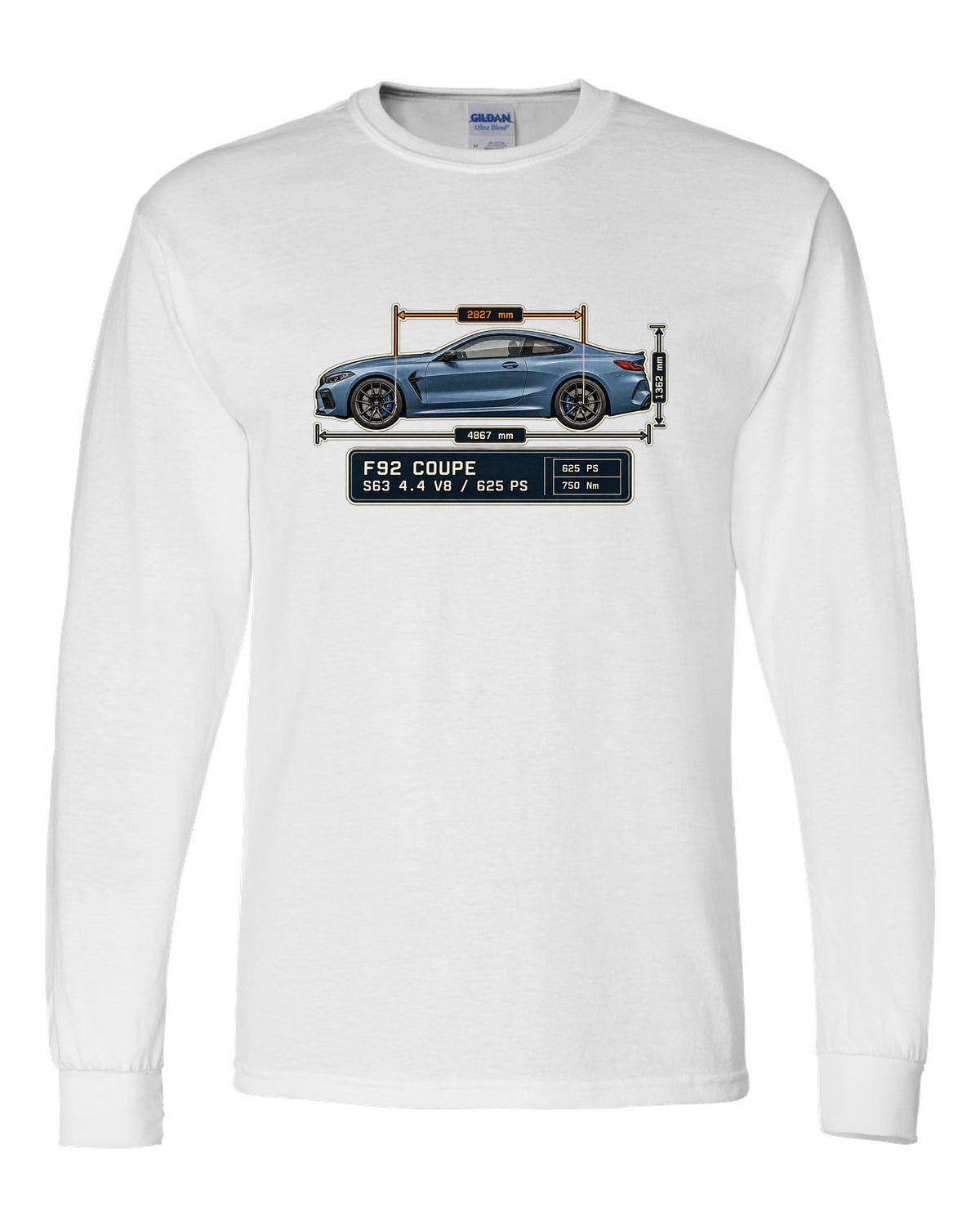 BMW M8 Competition Coupe F92 dimension blueprint print on a tee white long sleeve front view with the design