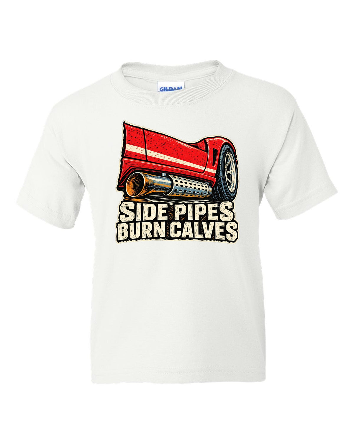Dodge Viper RT/10 Side Pipe Linocut white kids tee front view with the design