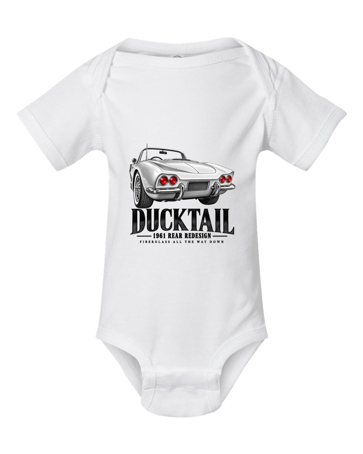 Chevrolet Corvette C1 1961 rear ducktail detail print white baby onesie front view with the design