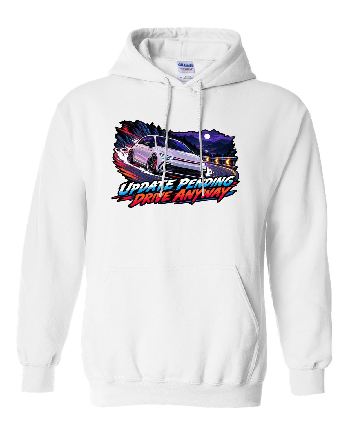 Cel-shaded anime night touge scene of a VW Golf Mk8 GTI with update pending drive anyway text white pull over hoodie front view with the design