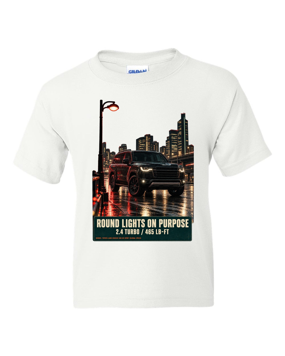 Toyota Land Cruiser 250 First Edition on a mountain pass at night white kids tee front view with the design