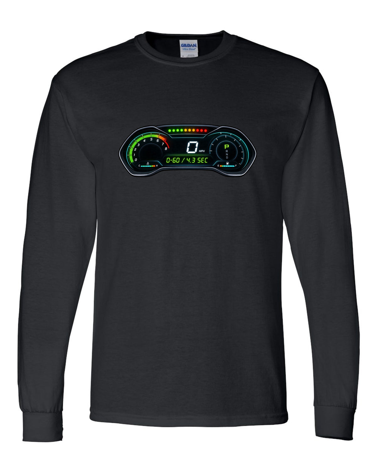 Retro manga halftone panel print of an S550 Mustang fastback doing a line lock burnout black long sleeve front view with the design
