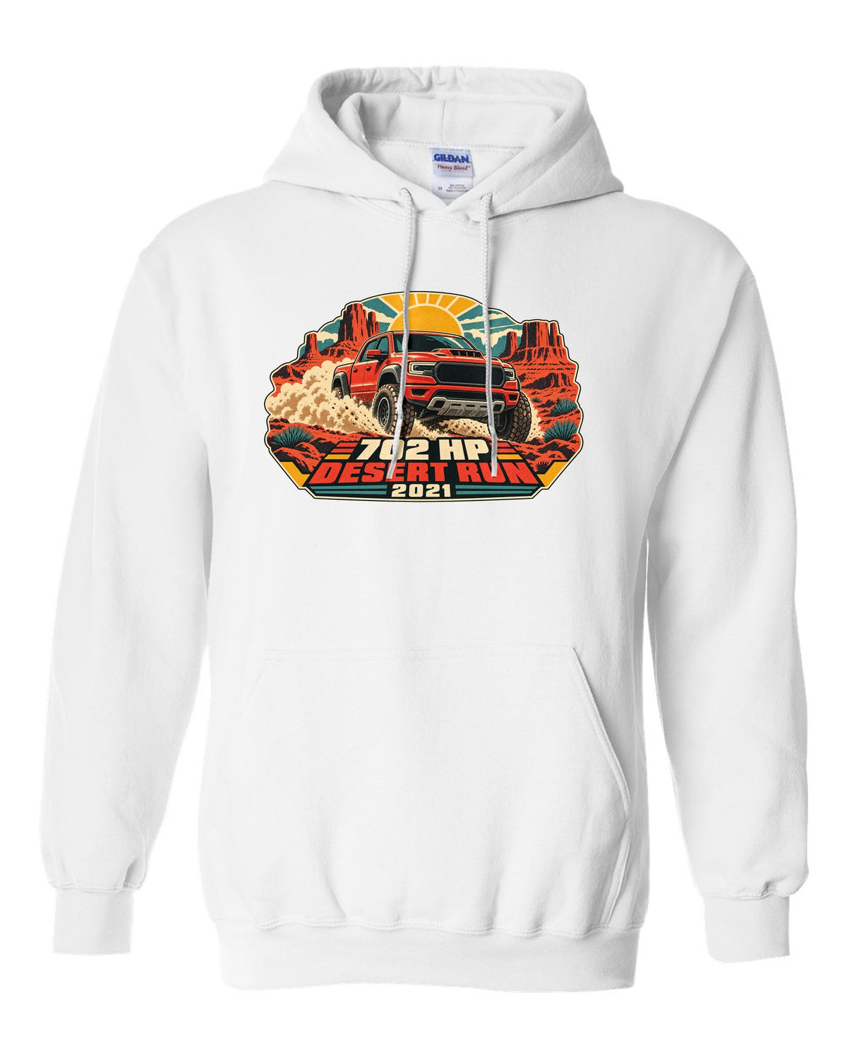 Vintage desert race poster print of a 2021 Ram 1500 TRX with 702 HP text white pull over hoodie front view with the design