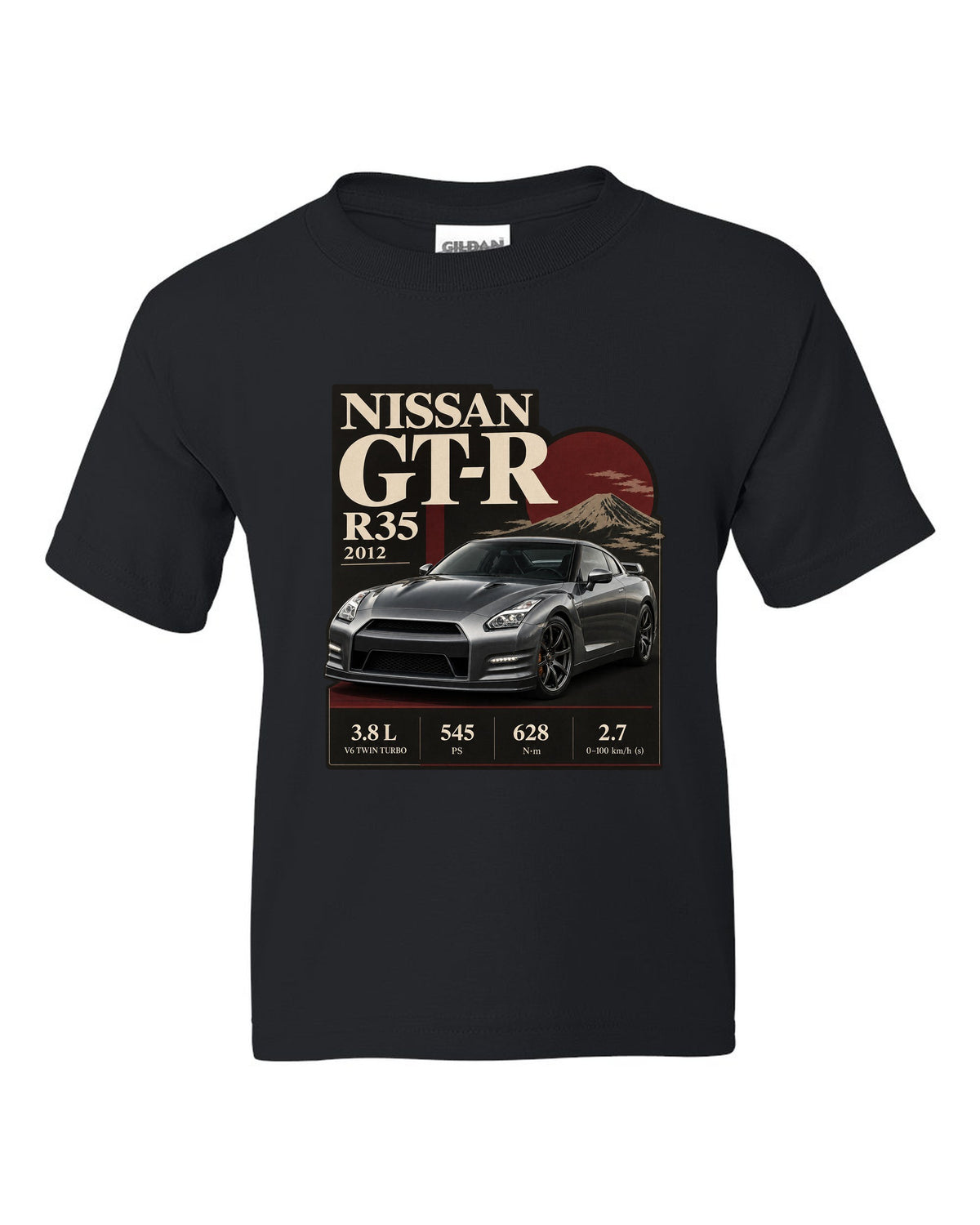 Nissan GT-R R35 2013 Track Edition in dossier panel layout black kids tee front view with the design