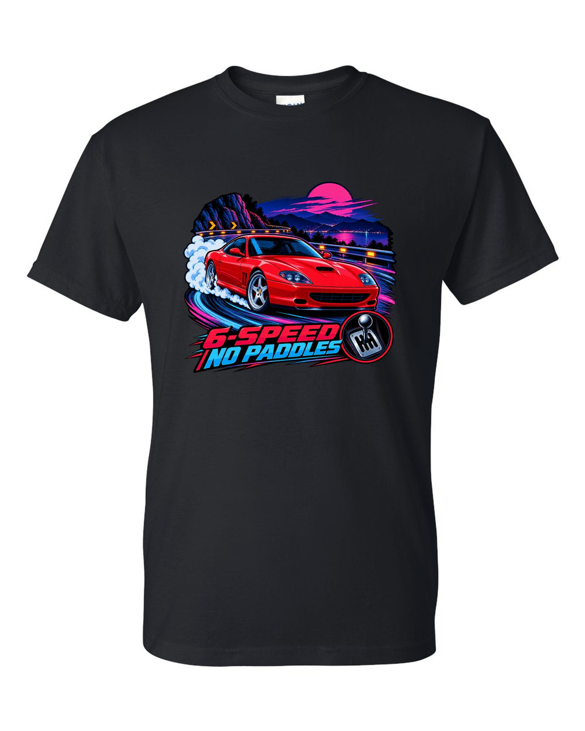 Cel-shaded anime night touge print of a Ferrari 550 Maranello with 6-Speed No Paddles lettering black t-shirt front view with the design
