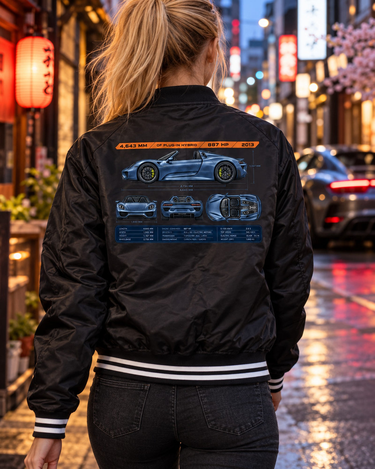 Porsche 918 Spyder Dimension Blueprint Tee, Hybrid Car Shirt Bomber Jacket Black worn hero