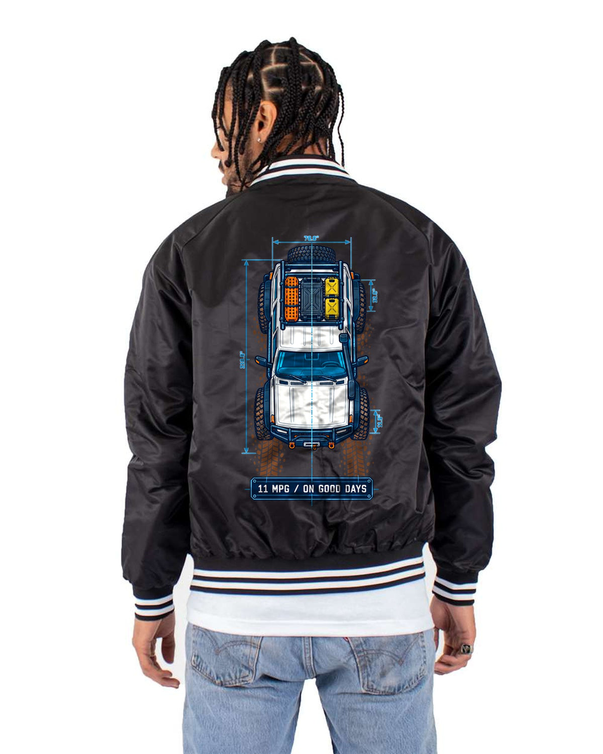 Land Cruiser FJ80 Top-Down Blueprint Tee: 11 MPG on Good Days Bomber Jacket Black back