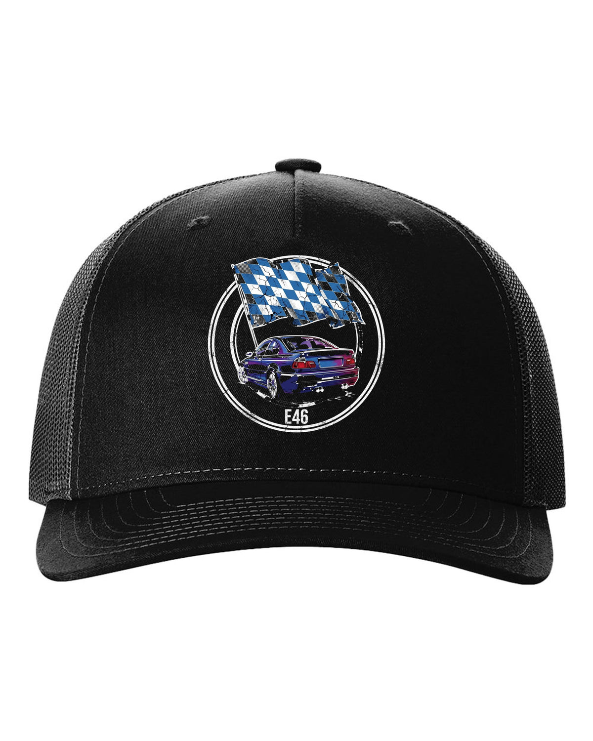 BMW M3 E46 Lozenge black trucker hat front view with the design