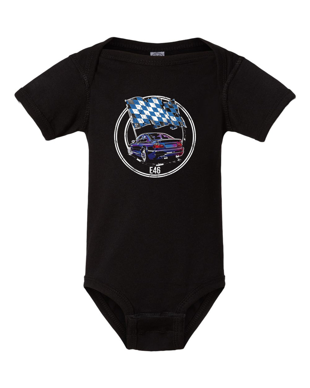 BMW M3 E46 Lozenge black baby onesie front view with the design