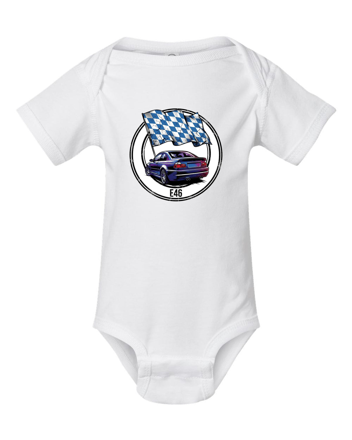BMW M3 E46 Lozenge white baby onesie front view with the design