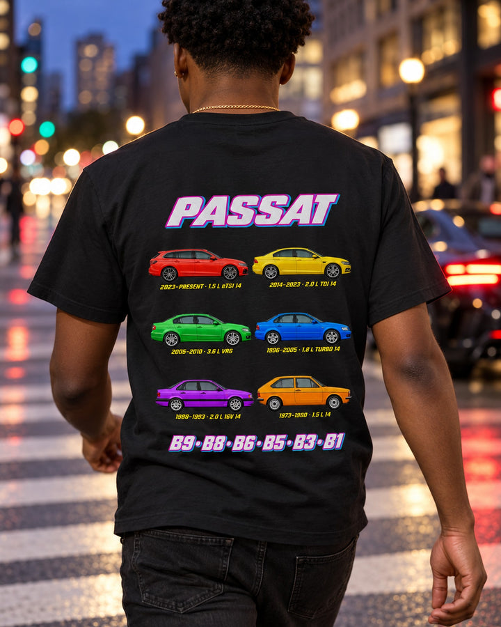 VW Passat Evolution Poster Full-Back Graphic Tee T-Shirt Black worn hero
