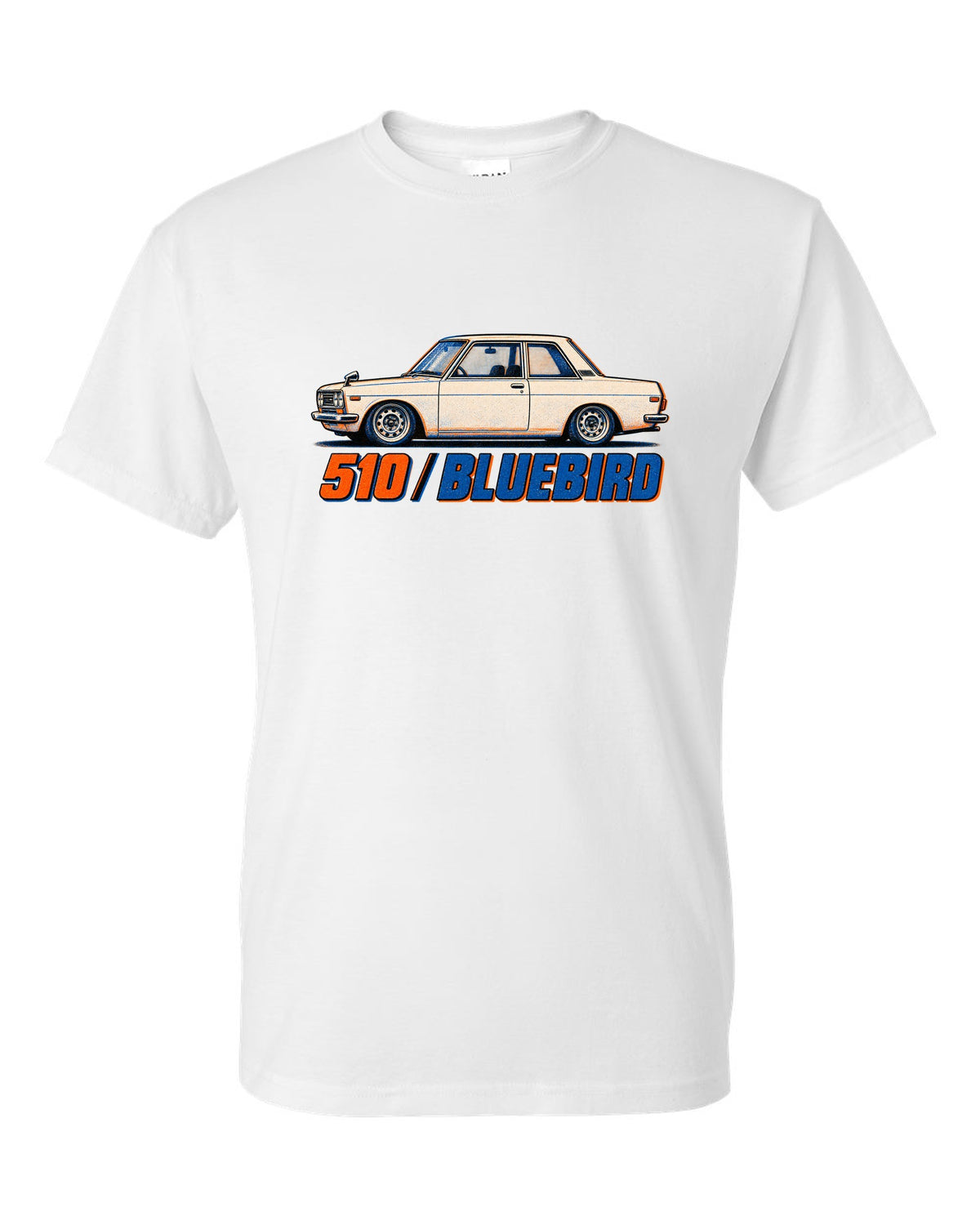 Risograph box print of the Datsun 510 Bluebird with 510 Bluebird lettering white t-shirt front view with the design