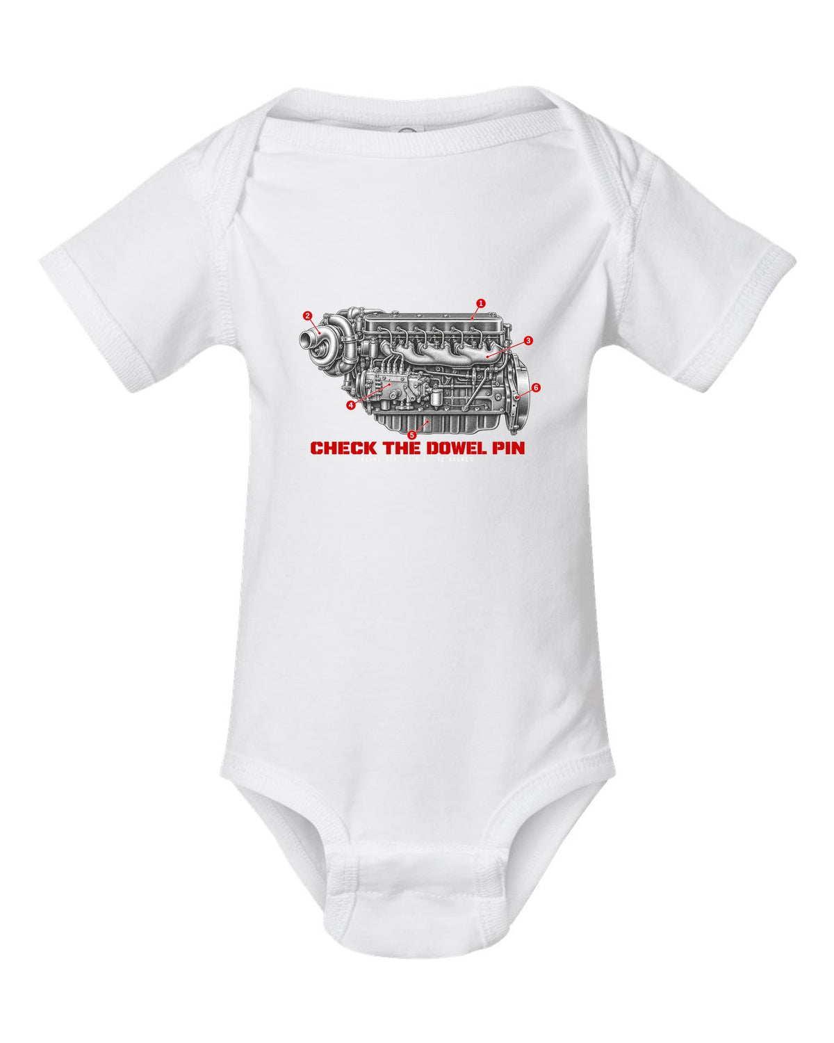 Engine hero print of a 1994-98 Ram 2500 5.9L 12-valve Cummins inline six white baby onesie front view with the design