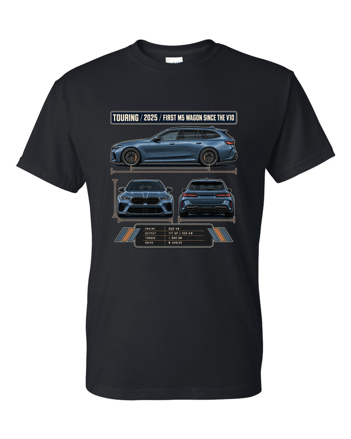 BMW M5 G90 Touring three-view drawing with spec table and first M5 wagon since the V10 text black t-shirt front view with the design