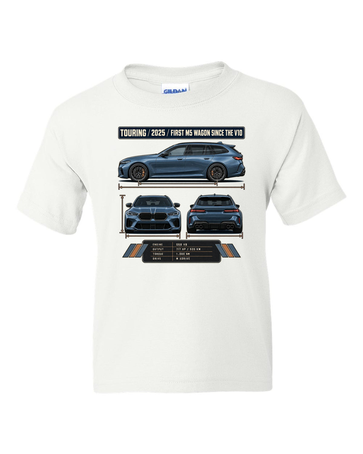 BMW M5 G90 Touring three-view drawing with spec table and first M5 wagon since the V10 text white kids tee front view with the design