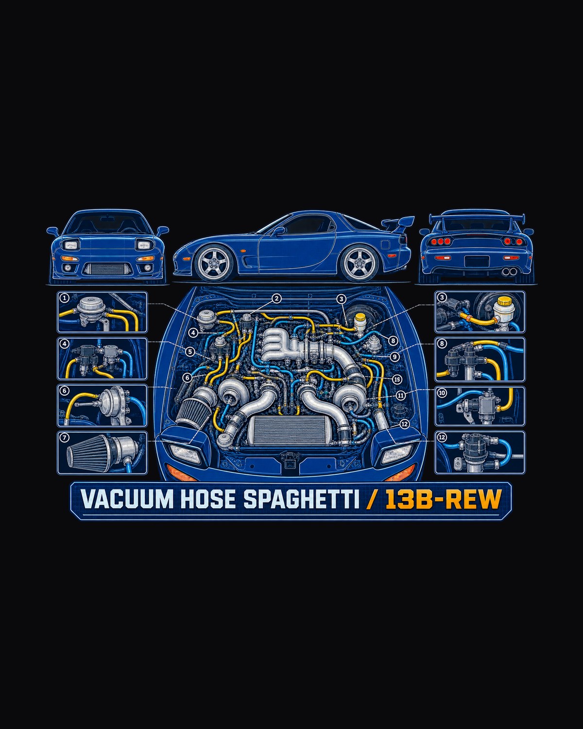 Mazda RX-7 FD3S Vacuum Hose Spaghetti Patent Drawing Shirt design only