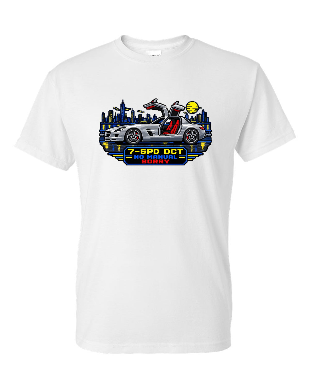 16-bit pixel art Mercedes SLS AMG C197 gullwing with 7-SPD DCT No Manual Sorry text white t-shirt front view with the design
