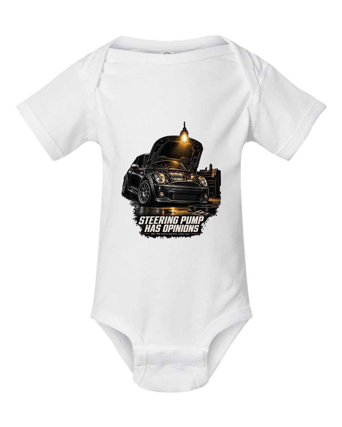 Mini Cooper S R53 garage night print with bonnet open and steering pump text white baby onesie front view with the design