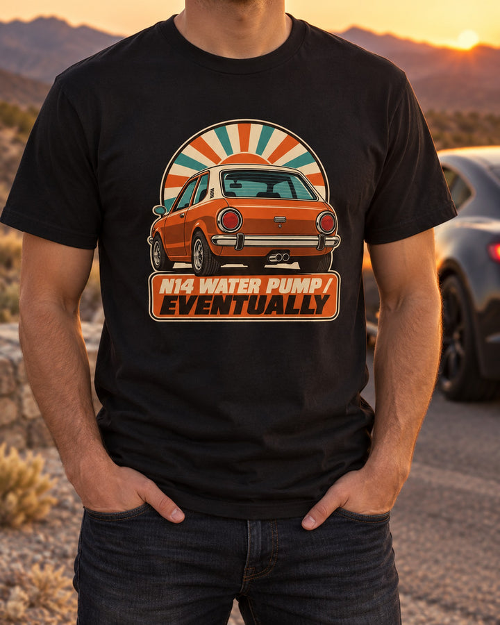 Mini Cooper S R56 Retro Catalogue Ad Shirt, N14 Water Pump T-Shirt Black worn hero