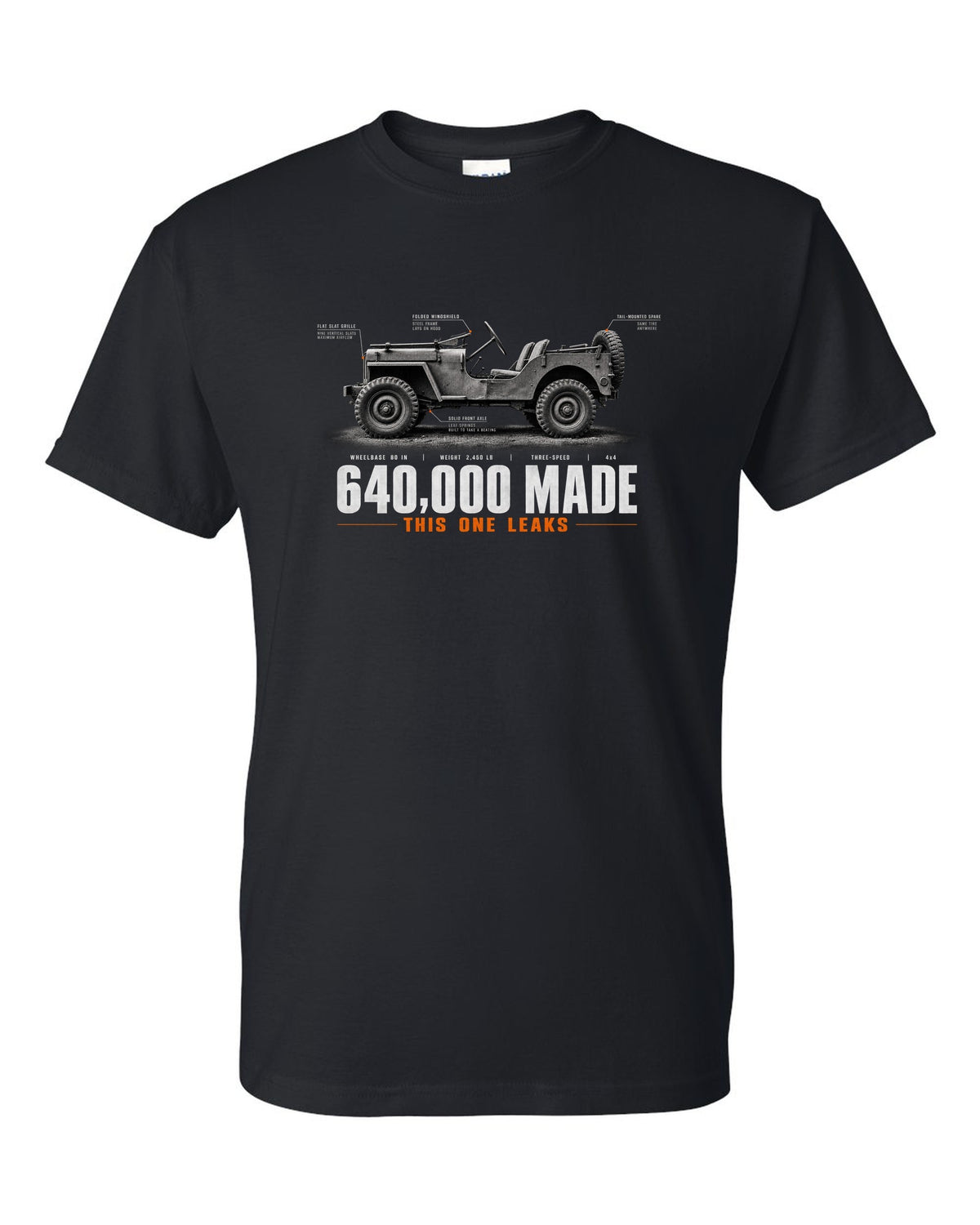 Spec poster print for the Willys MB and Ford GPW, 640,000 made black t-shirt front view with the design