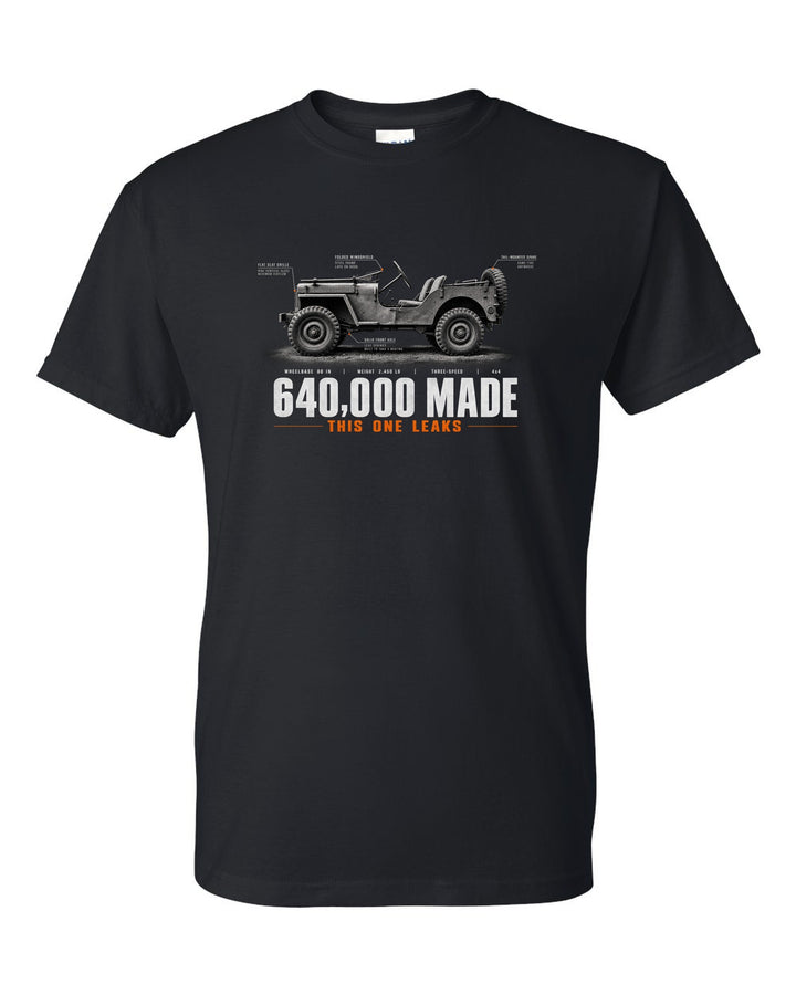Spec poster print for the Willys MB and Ford GPW, 640,000 made black t-shirt front view with the design