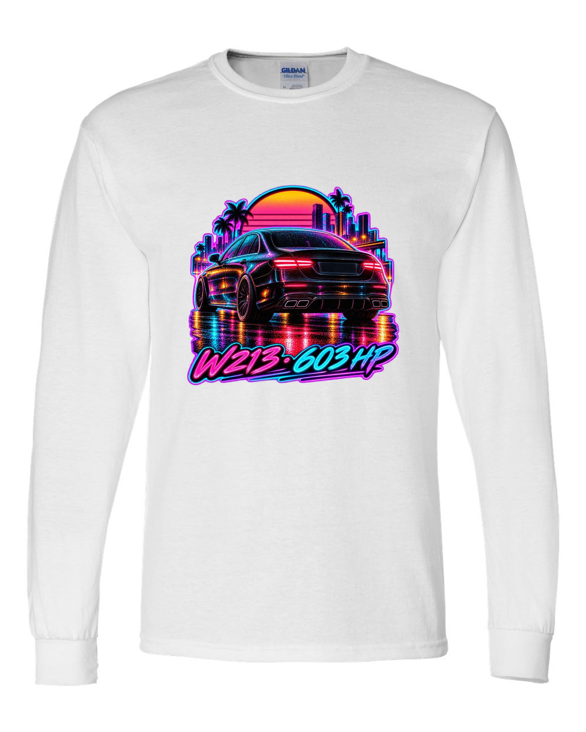 Synthwave wet road scene with a Mercedes E63 AMG W213 and 603 HP text white long sleeve front view with the design