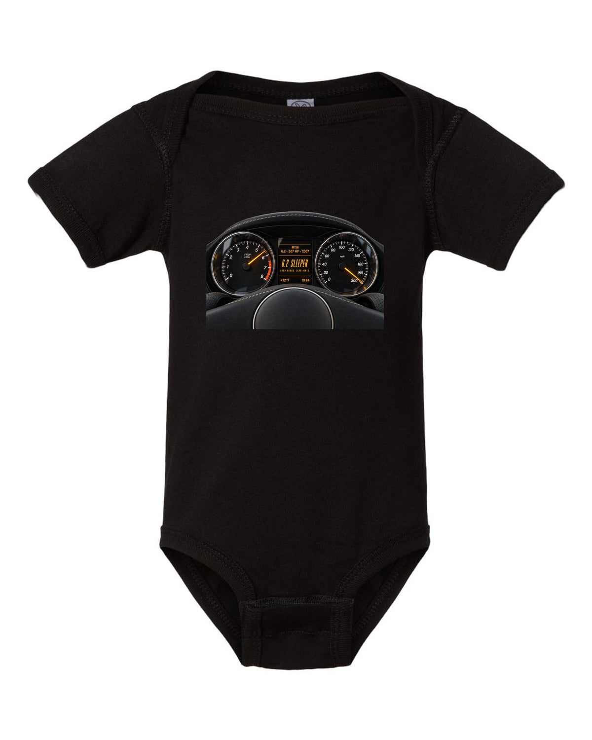 print cockpit gauge of a Mercedes W211 E63 M156 with text 507 HP, 2007, 6.2 sleeper black baby onesie front view with the design
