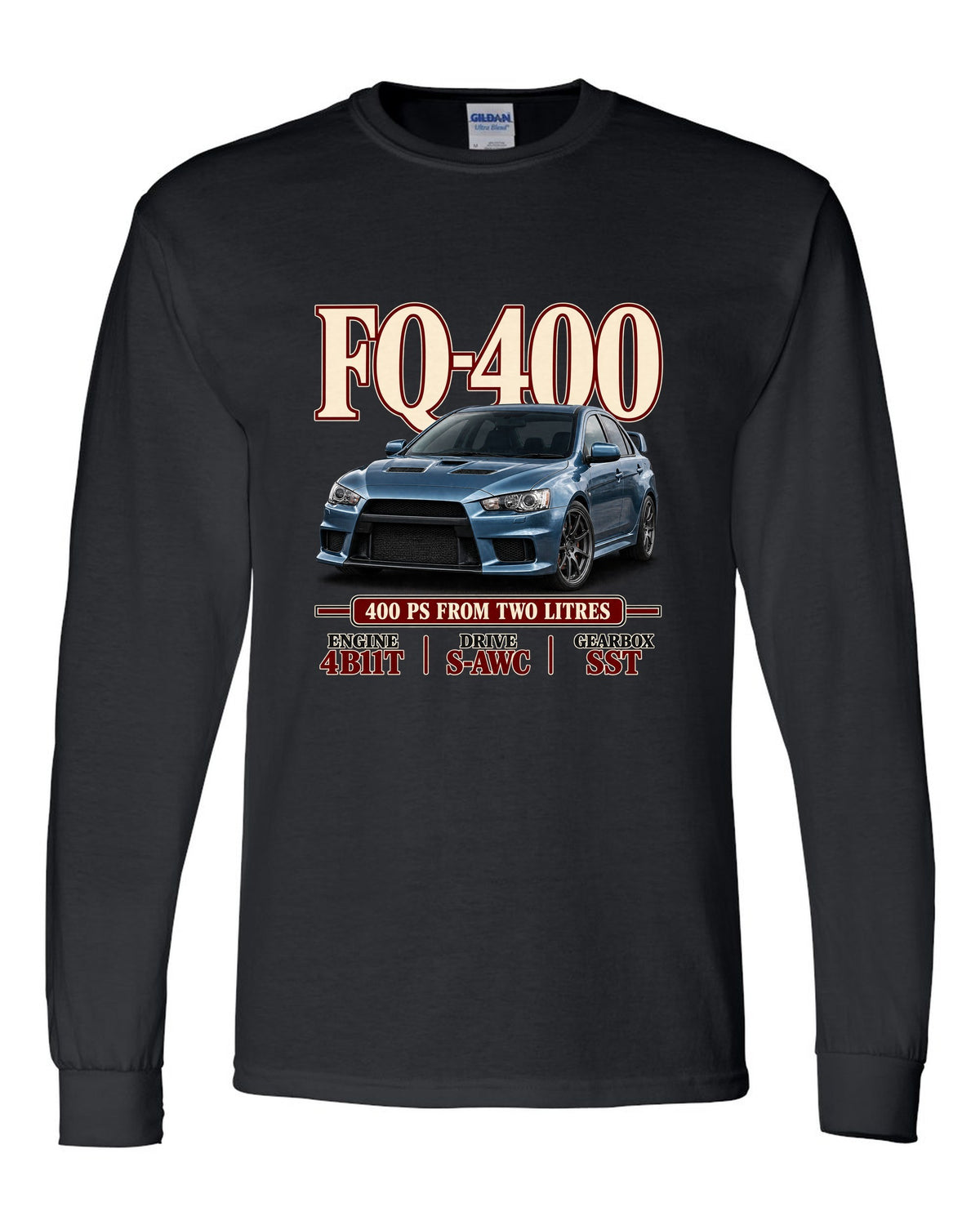 Mitsubishi Lancer Evolution X FQ-400 low front three-quarter archive panel print black long sleeve front view with the design
