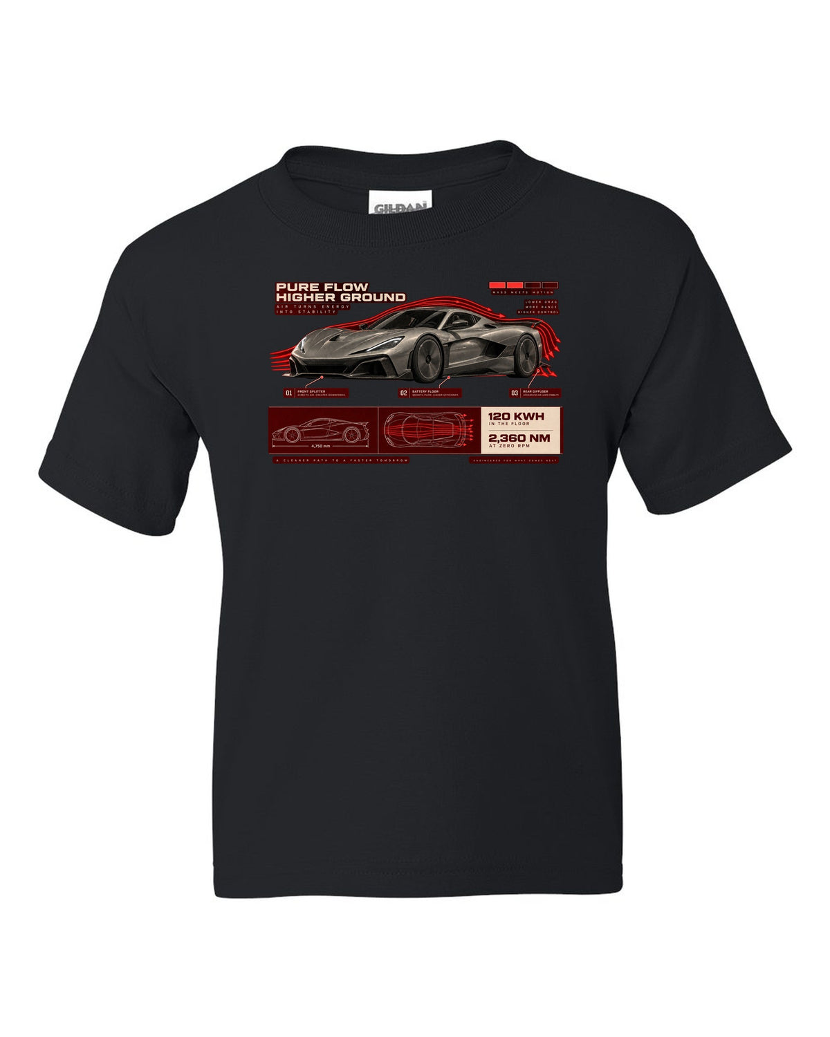 Rimac Nevera 2021 low front three-quarter aero callouts print with 120 kWh and 2,360 Nm text black kids tee front view with the design