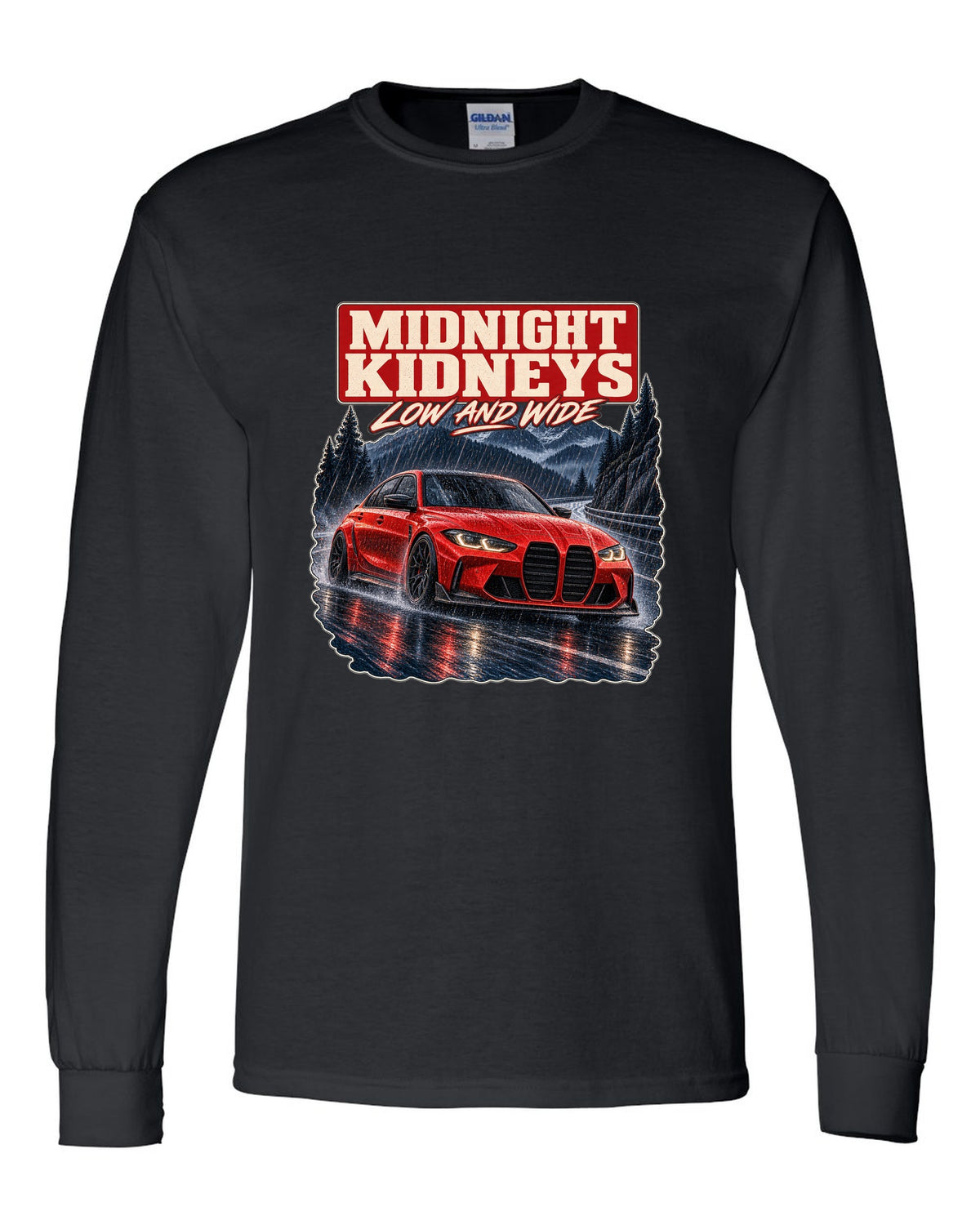 BMW M3 Competition G80 night street print with midnight kidneys text black long sleeve front view with the design