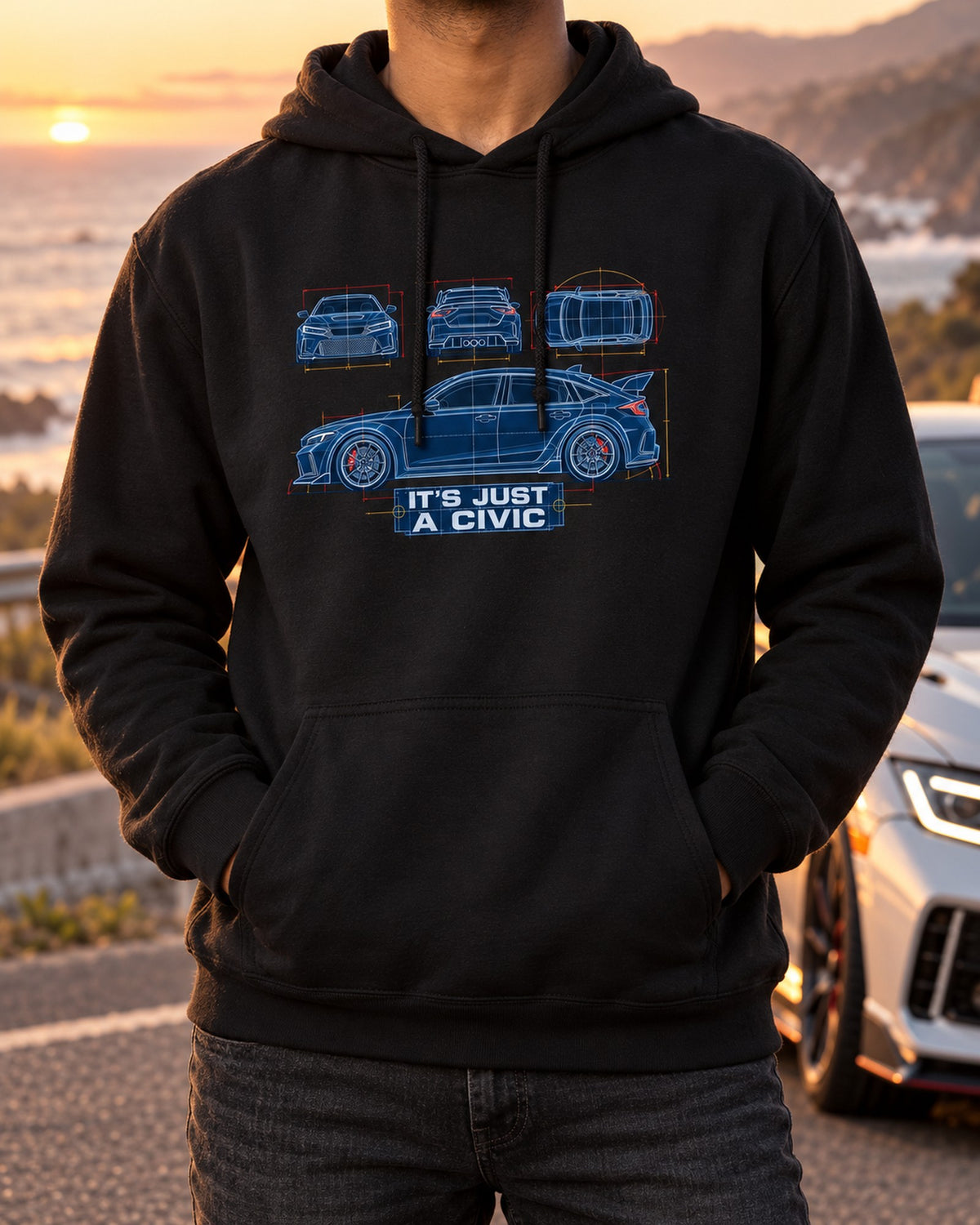 Honda Civic FL5 Cyanotype Blueprint Shirt, It's Just a Civic Pull Over Hoodie Black worn hero