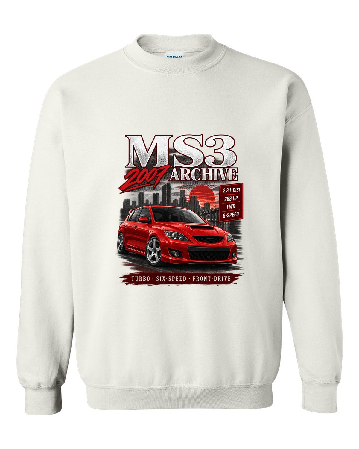 Mazdaspeed3 front three-quarter archive panel with MS3 Archive 2007 heading white crewneck front view with the design