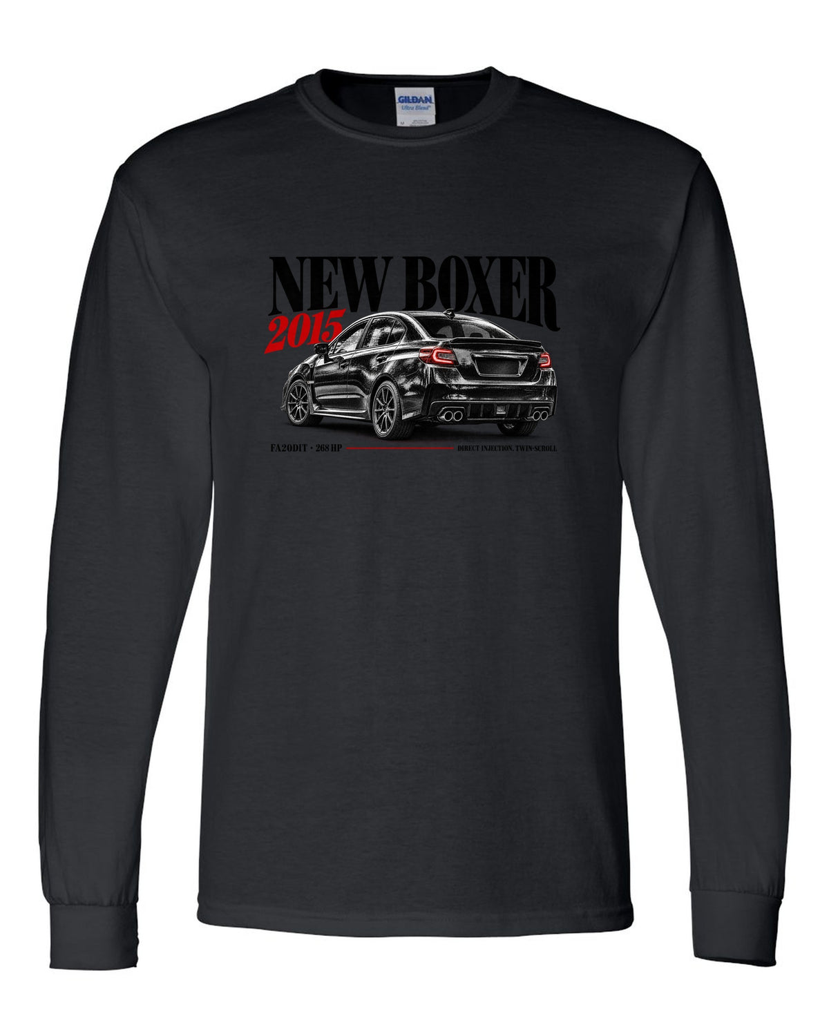 Editorial headline print for the Subaru WRX VA saloon reading New Boxer, 2015, FA20DIT, 268 HP black long sleeve front view with the design