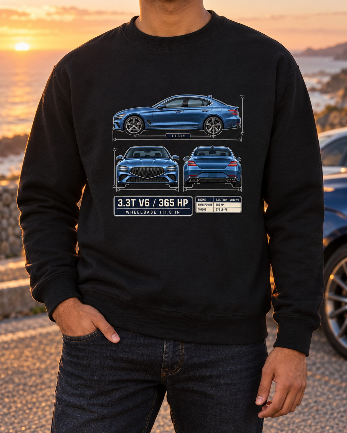 Genesis G70 3.3T Blueprint Shirt, V6 Sport Sedan Gift Crewneck Black worn hero