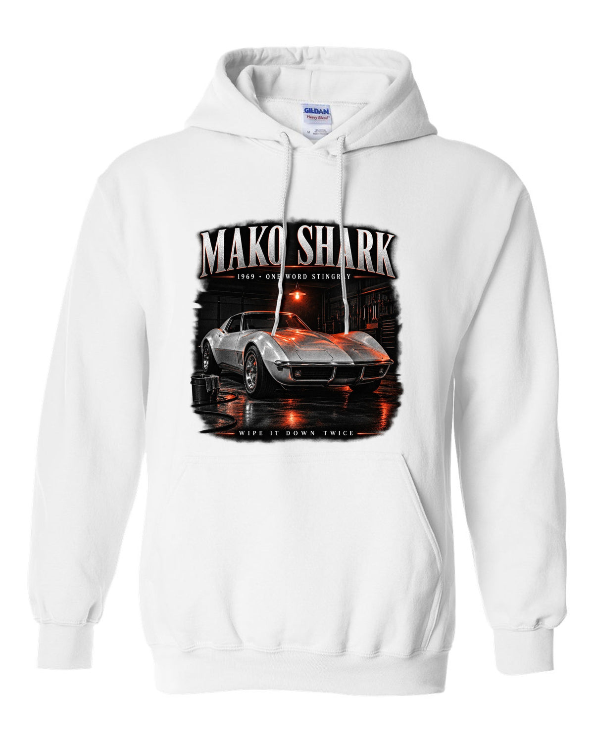 Chevrolet Corvette C3 Stingray 1969 coupe garage night print Mako Shark white pull over hoodie front view with the design