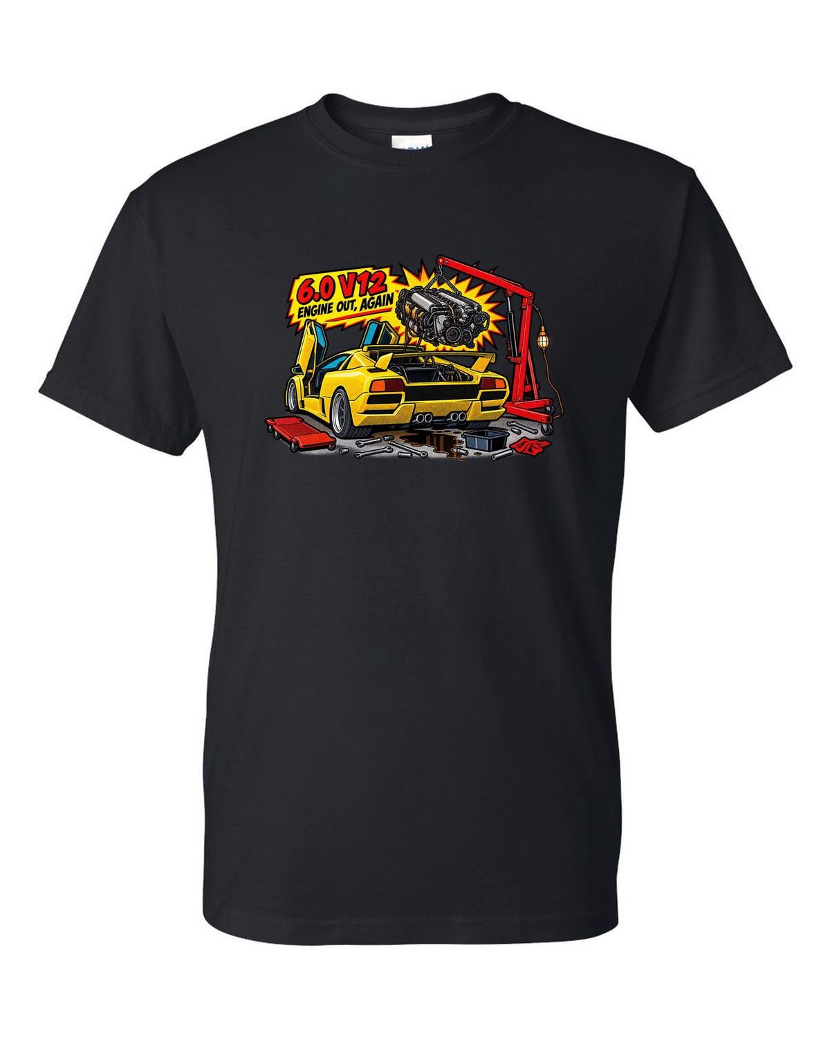 Comic halftone pop-art Lamborghini Diablo GT in a workshop with 6.0 V12 engine out again lettering black t-shirt front view with the design