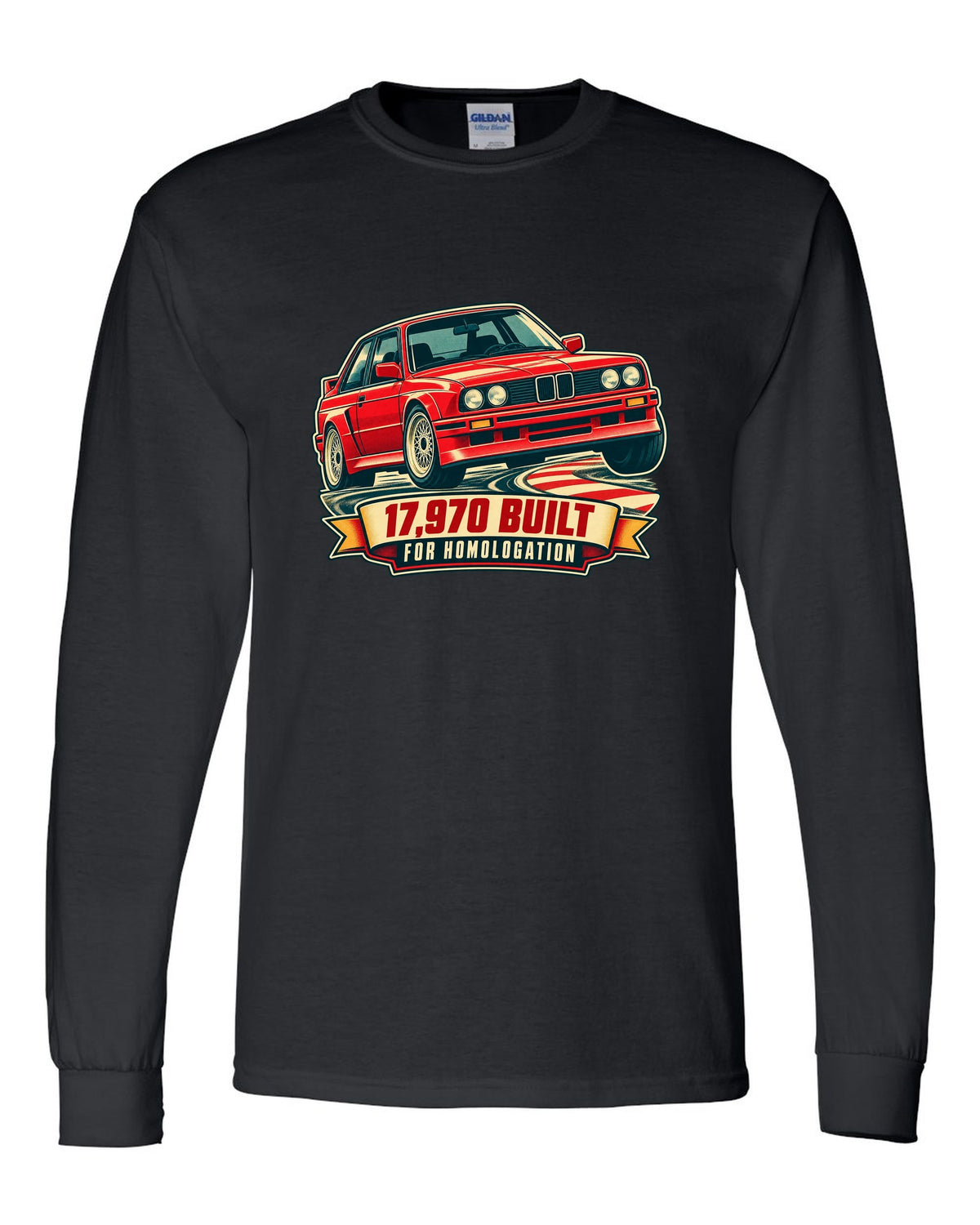 Vintage race poster print of a BMW E30 M3 at a hairpin with 17,970 built text black long sleeve front view with the design