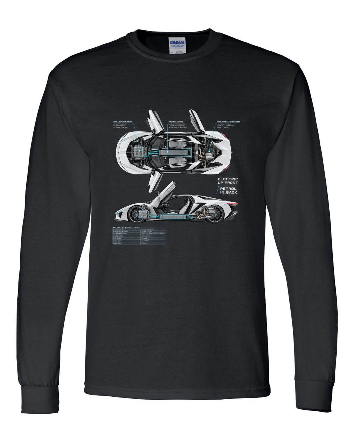 BMW i8 I12 spec poster print with electric up front petrol in back text black long sleeve front view with the design