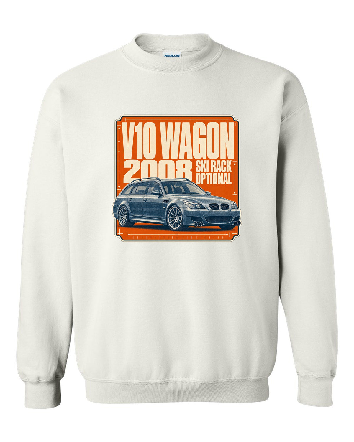 BMW M5 E61 Touring wagon halftone print white crewneck front view with the design